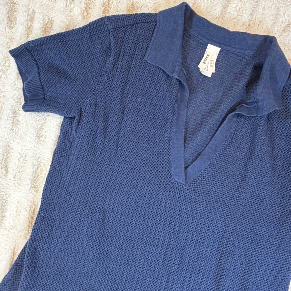 Pact Navy Blue Organic Cotton Linen Knit Polo Shirt Short Sleeve V-Neck Large